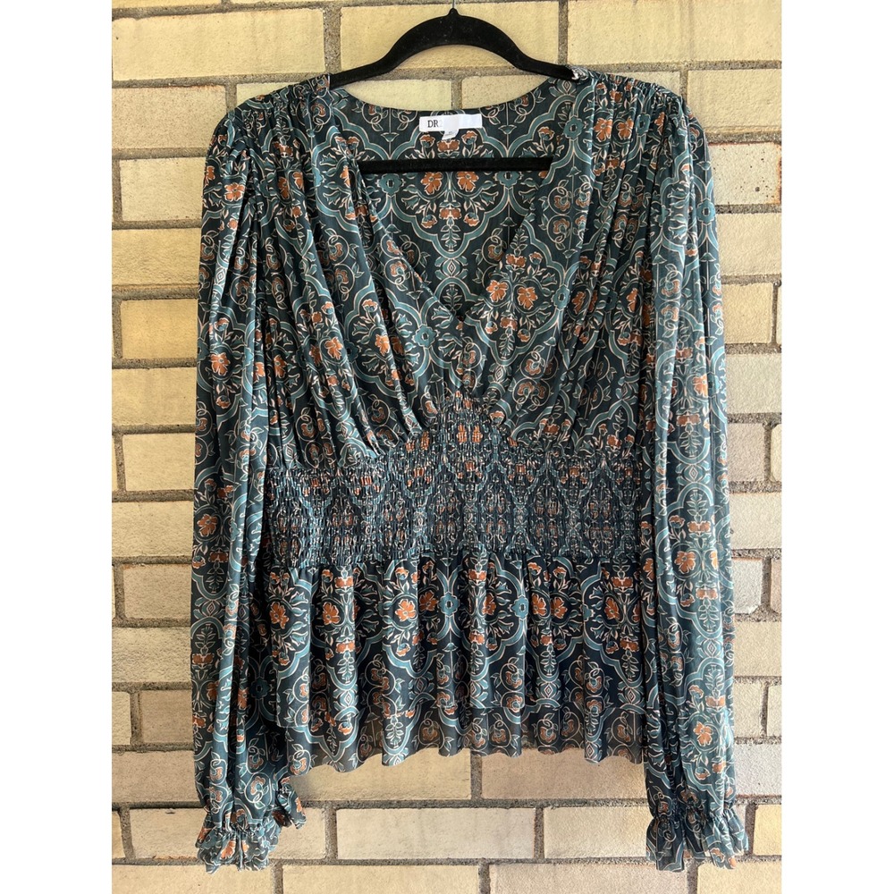 DR2 by Daniel Rainn Teal Orange Floral Mesh Smocked Peplum Top Size XL
